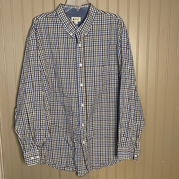 Men's Haggar Plaid Blue Brown Button Down Shirt XXL - Picture 1 of 5